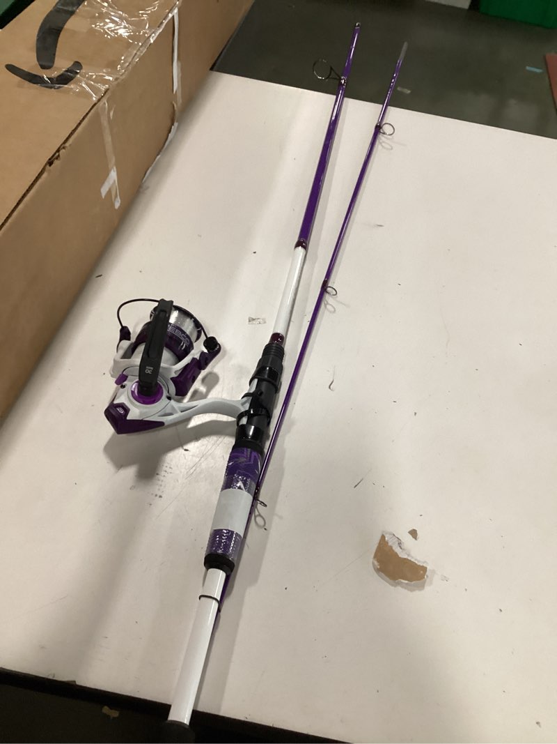 Condition photo showing As Is for Zebco Roam Spinning Reel and Fishing Rod Combo, Fiberglass Rod, Split ComfortGrip Handle, Soft-Touch Handle Knob, Reversible Retrievee Prism Purple 6'0"