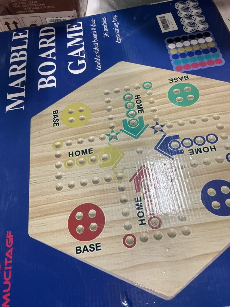 Condition photo showing Good Condition for mucitagf 20" wooden wahoo board game double-sided for 4 or 6 players fast track board game, original marble game set with 36 marbles, 8 dice for family night, parties and adult gifting 20-inch