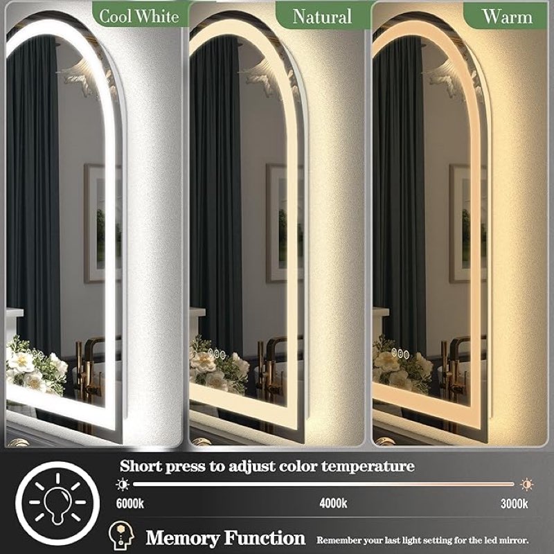 arched led bathroom mirror 22x30 inch, led vanity mirror with backlit and frontlit, dimmable lighted illuminated mirror, anti-fog,memory, 3 colors, shatter-proof, etl listed