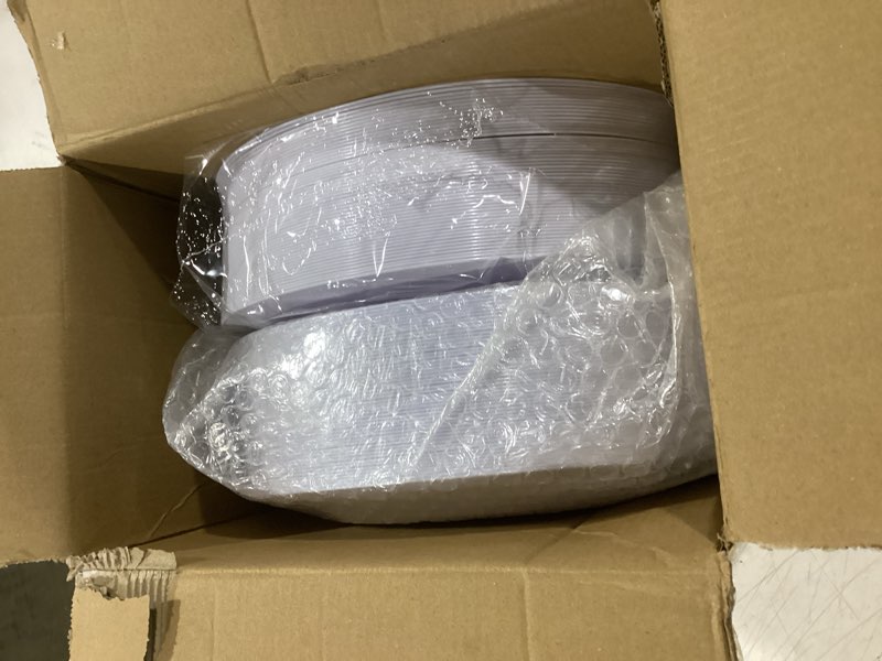 Condition photo showing Good Condition for 100pcs gold plastic plates, 10 inch plates disposable dinner plate party with gold rim, heavy duty disposable plastic plate for party, wedding and birthday white and gold