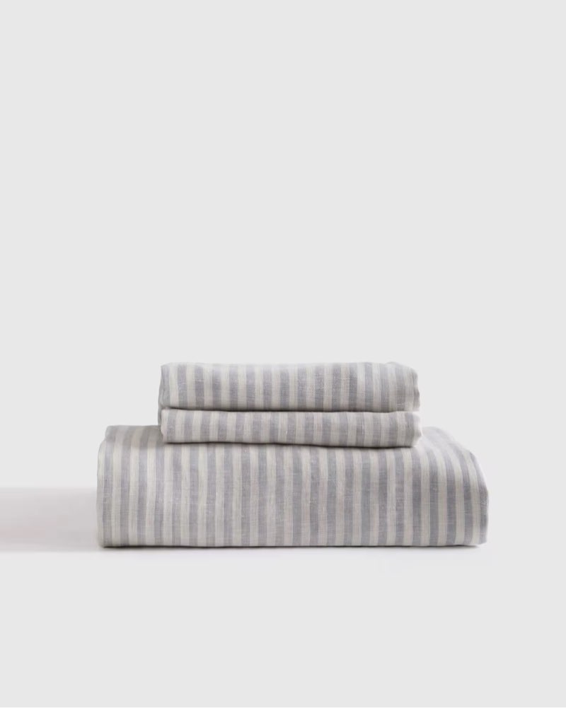 quince european linen fitted sheet set queen mist/white stripped