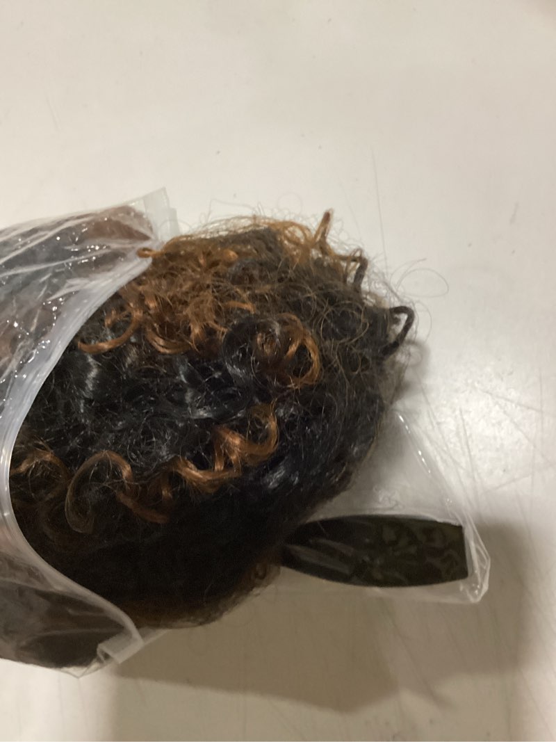 Condition photo showing Good Condition for yeame curly wigs for black women - kinky curly afro wig with bangs, brown mixed black, 15 inch, heat resistant synthetic fiber #t1b/30 brown mixed black