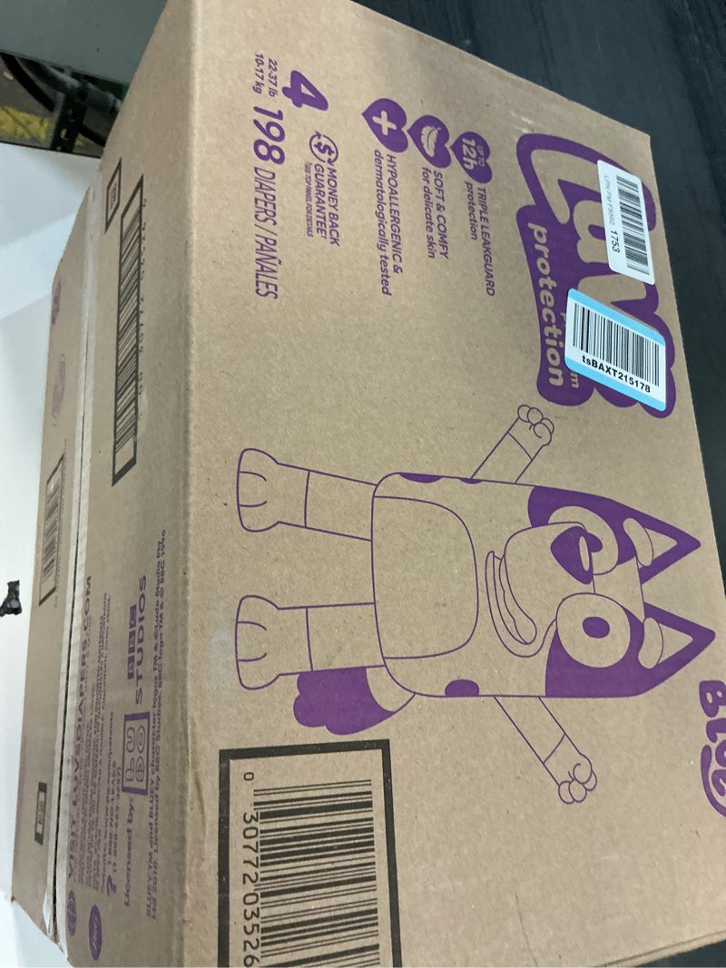Condition photo showing New/Like New for luvs size 4 baby diapers, platinum protection bluey diapers for day & night, size 4, 198 count (packaging may vary) size 4 198