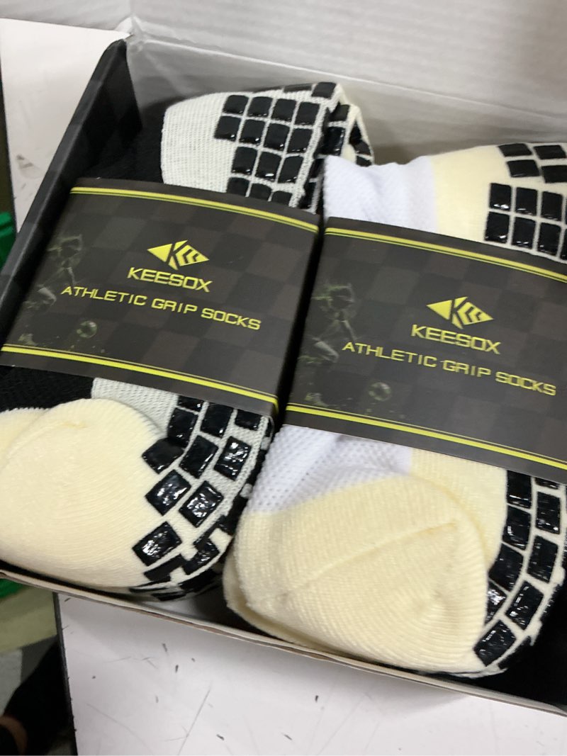 Condition photo showing New/Like New for 6 pairs soccer grip socks | non-slip athletic socks for football, basketball, running | men & women 3 white+3 black
