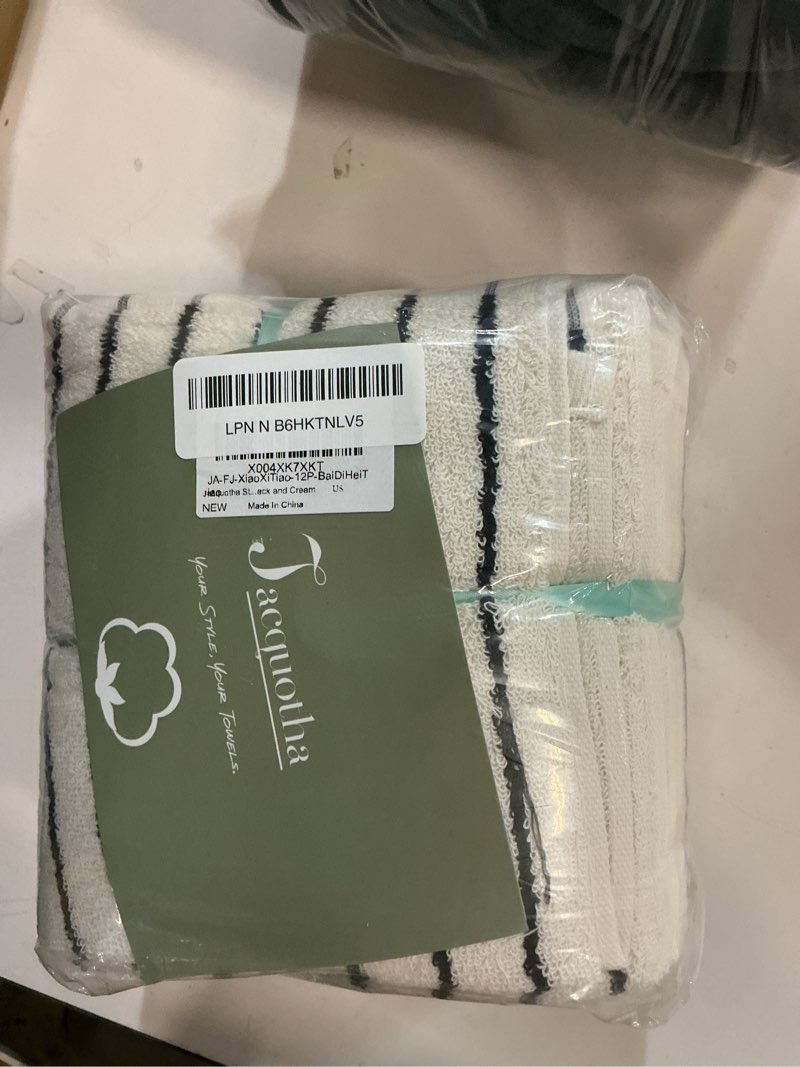 Condition photo showing New/Like New for Jacquotha Striped Cotton Washcloths 12 Pack, 13” x 13” - Soft Wash Cloths for Bathroom, Kitchen, Gym, Face, Black and Cream Black 12