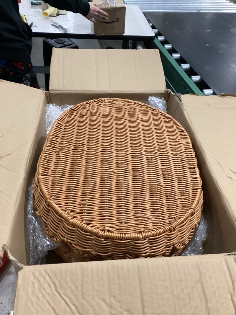 Condition photo showing Good Condition for Juexica 3 Pcs Scalloped Basket with Lid Hand Woven Plastic Wicker Set 18 x 14 x 6 Inch Plastic Rattan Storage, Decorative Scalloped Edge Basket for Bread Picnic Table Bathroom Decor 3 Dark Brown Medium, Large