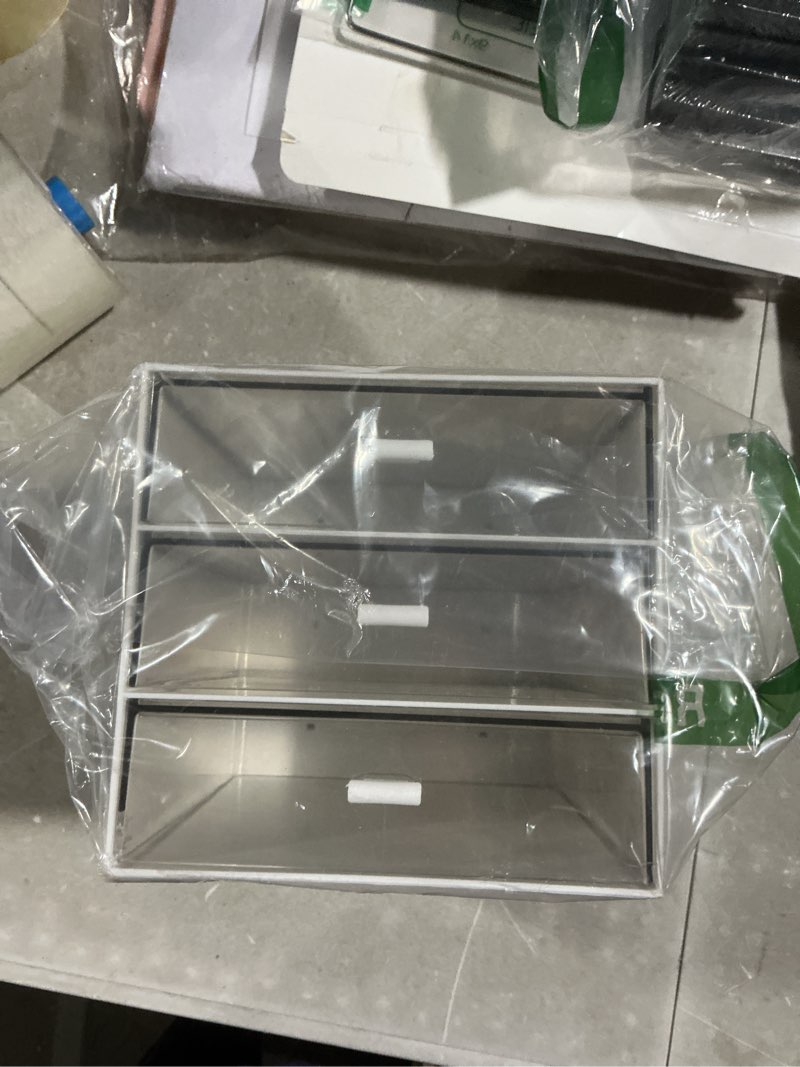 Condition photo showing Good Condition for desk organizer with 3 drawers, clear plastic desk storage box, desktop organization for office supplies, gel pens, pencils, markers, tape, erasers, paperclips, chargers (white-3 draws)
