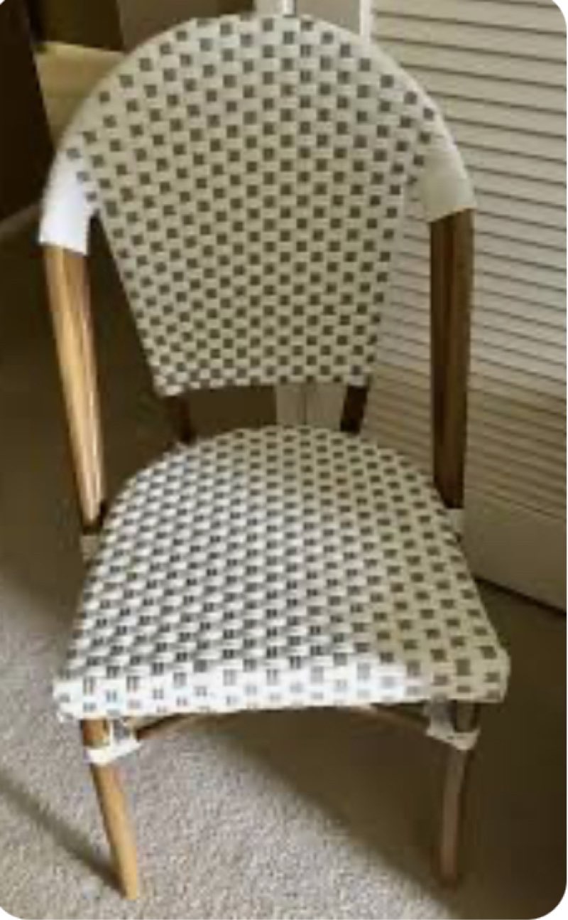 flash furniture lourdes set of 2 indoor/outdoor commercial bistro stacking chair, white/gray pe rattan back and seat, bamboo print aluminum frame in natural