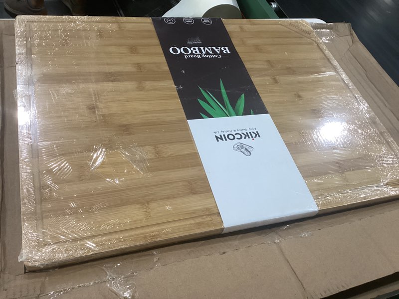 Condition photo showing As Is for kikcoin 24”×18” bamboo cutting boards for kitchen, wooden healthy cutting boards for charcuterie, vegetables, cheese, bread, extra large chopping boards with deep juice groove and handle, natural natural 24"l x 18"w