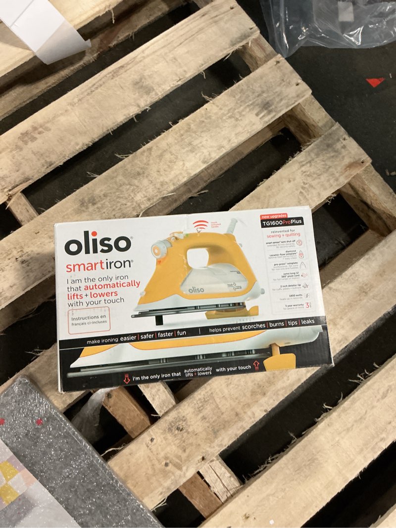 Condition photo showing New/Like New for oliso tg1600 pro plus 1800 watt smartiron with auto lift - for clothes  sewing  quilting and crafting ironing | diamond ceramic-flow soleplate steam iron  yellow
