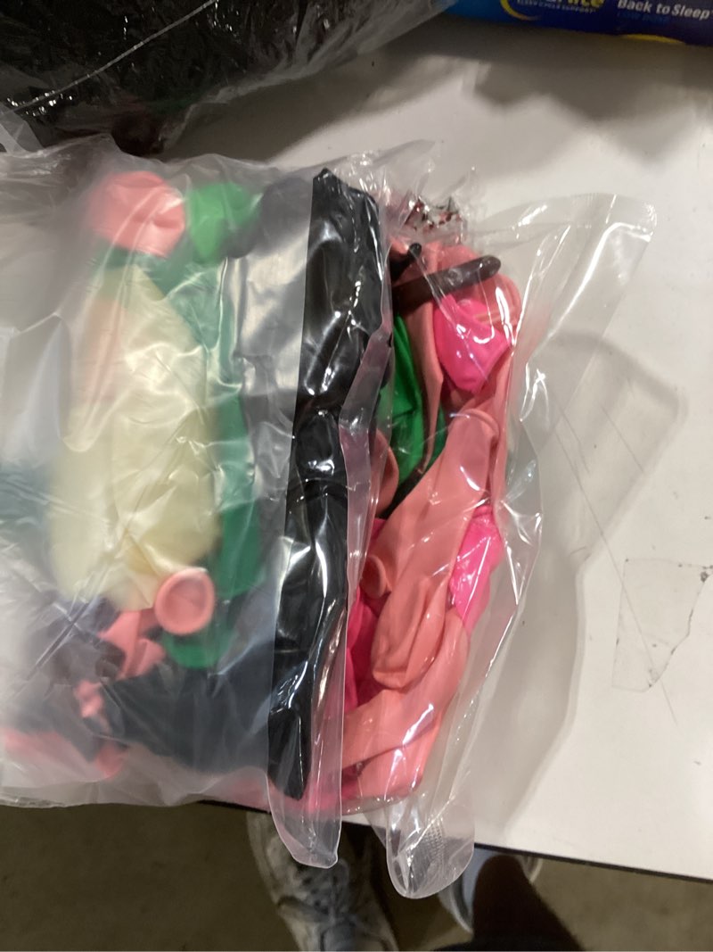 Condition photo showing New/Like New for pink and green balloon arch kit with clear brown black long light pink and green balloons rose gold foil balloon for spring summer hawaiian baby shower birthday party decorations