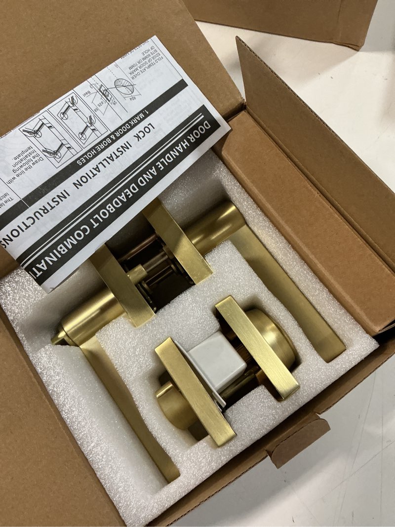 Condition photo showing Good Condition for ehomeware 1 set entry door handle and single cylinder deadbolt lock and key combo pack - heavy duty square locking lever set - interior/exterior door levers in satin brass finish 1 entry door lock with single deadbolt cylinder