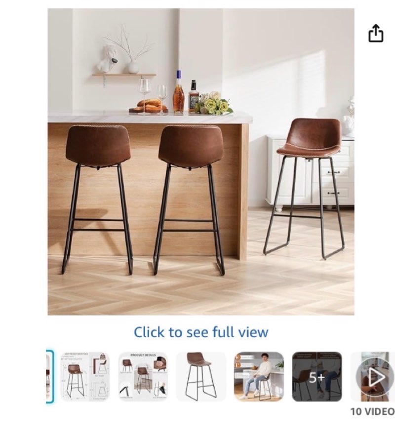 heugah 30 inch bar stools set of 3, brown counter height barstools with back support faux leather high bar stools for kitchen island counter height chairs with metal legs