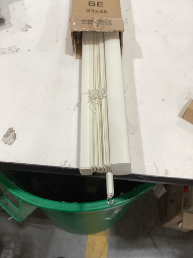 Condition photo showing As Is for lazblinds cordless beige 1” light filtering vinyl mini blinds, 23" w x 48" h horizontal window blinds for home, cordless shades for indoor windows beige 23"w x 48"h