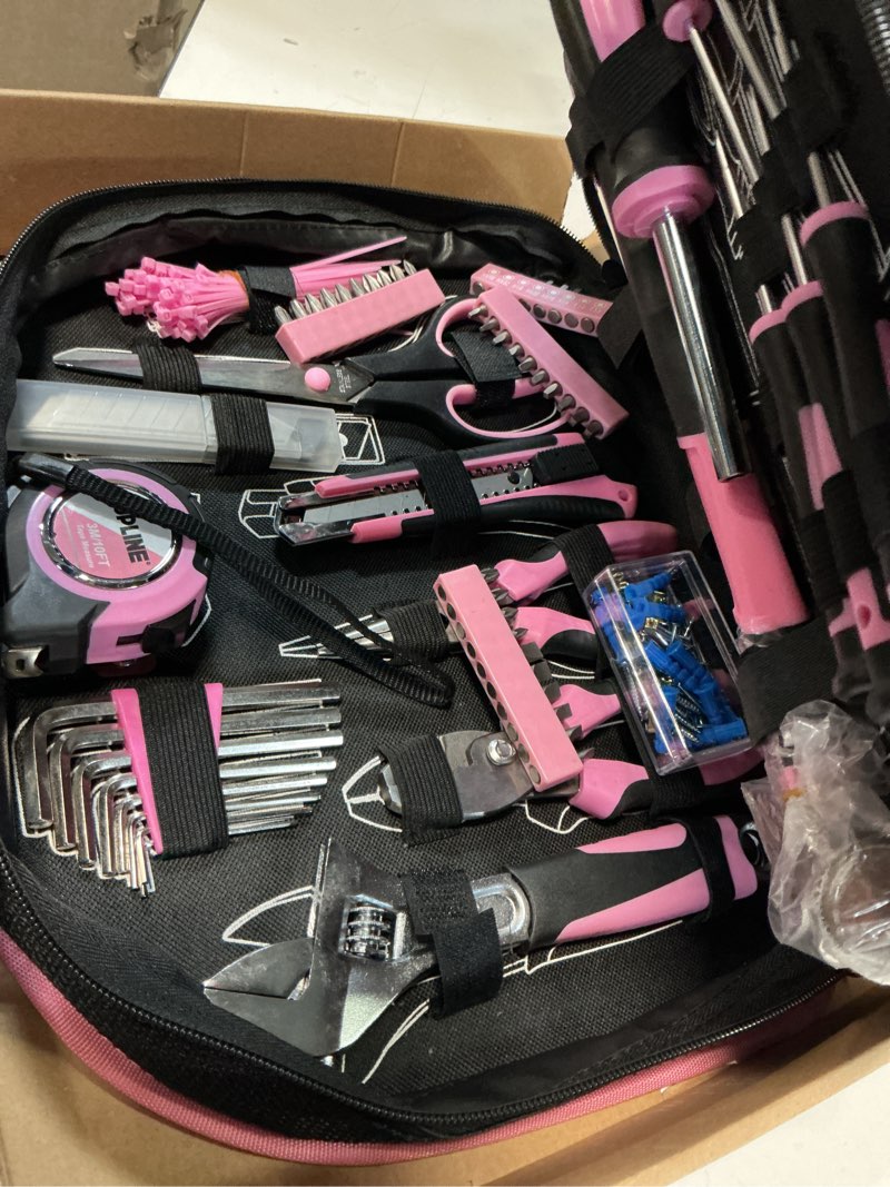 Condition photo showing Good Condition for topline 208-piece pink tool kits for women with round pouch, small tools kit for apartment, home, household ladies pink tool set for best gifts and home maintenance