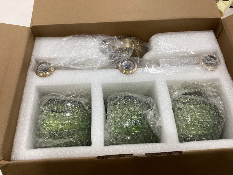 Condition photo showing New/Like New for Bathroom Light Fixtures, 3-Light Brass Vanity Wall Light Over Mirror with Green Tulip Glass Shade for Bedroom Living Room (Bulb Not Included) 3 Heads-Golden Base-Tulip Green Hardwired