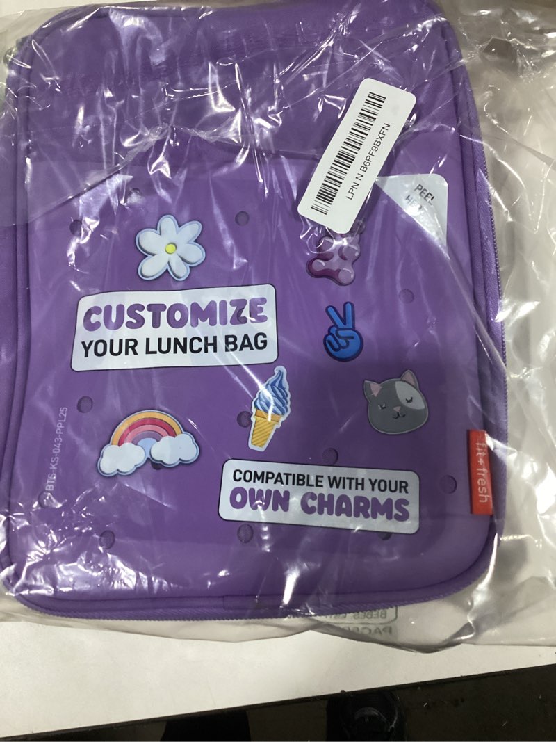 Condition photo showing New/Like New for Fit & Fresh Lunch Box For Kids, Boys & Girls, School, Camp, Insulated Bag With Shoe Charm Slots For Personalization, Purple