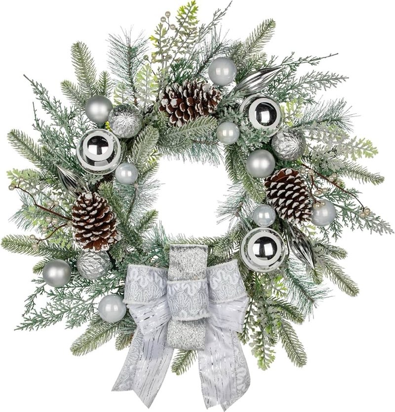24 inch Christmas Wreath?Snow Flocked Pine Wreaths for Front Door with Silver Ball ?Artificial Holid