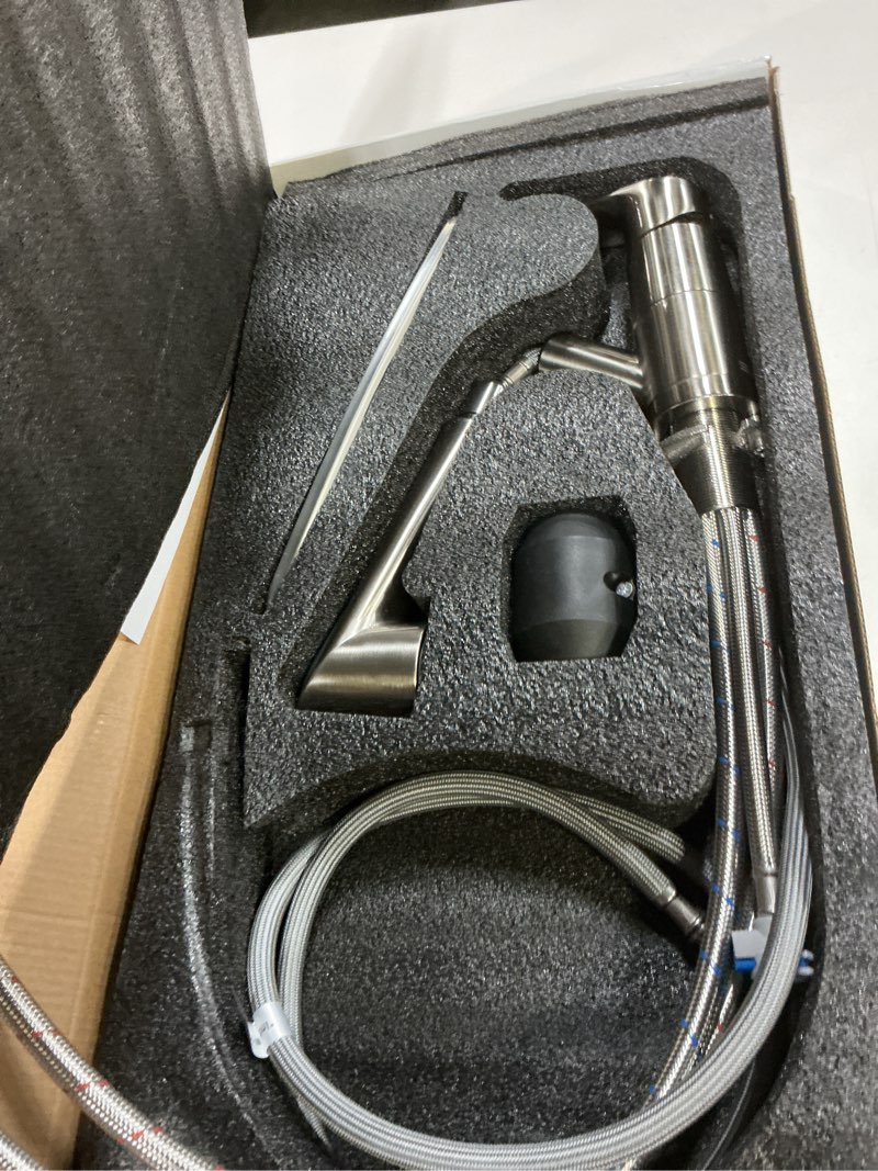 Condition photo showing Good Condition for Kitchen Sink Faucet with Pull Down Sprayer, Low Arc Stainless Steel 1 or 3 Hole, Single Handle Brushed Nickel Pull Out Kitchen Faucet, Suitable for Farmhouse Camper Laundry Rv Bar