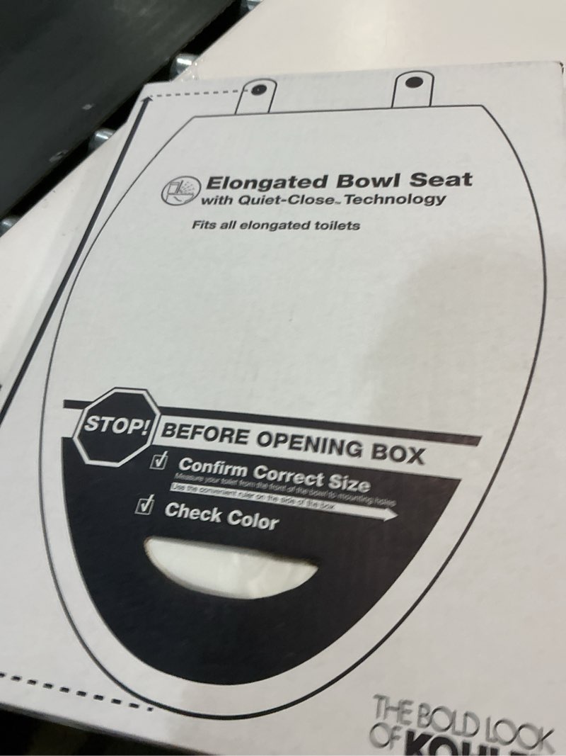 Condition photo showing New/Like New for kohler stonewood quiet-close elongated toilet seat, slow close design, durable wood, easy installation, universal fit, white finish, k-20466-0