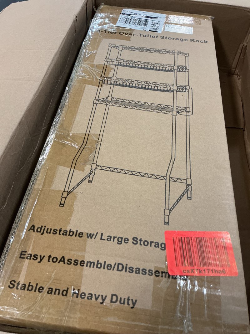 Condition photo showing New/Like New for 4-Tier Over The Toilet Storage, Bathroom Shelves with 6 Hooks, Metal Over Toilet Organizer with Adjustable Shelf and Basket, Freestanding Rack Space Saver for Bathroom, Laundry, Black