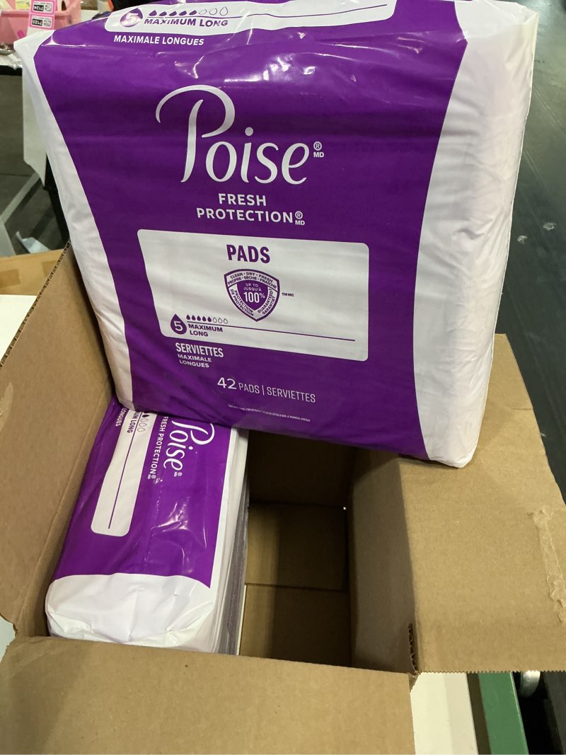 Condition photo showing New/Like New for poise incontinence & postpartum pads for bladder leaks, 5 drop maximum absorbency, long length, 84 count, packaging may vary long 84