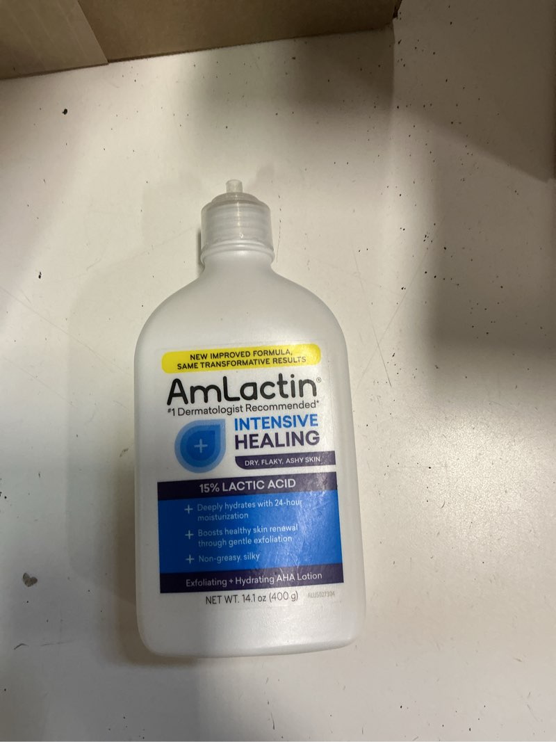 Condition photo showing New/Like New for AmLactin Intensive Healing Body Lotion - Therapeutic Lotion for Extremely Dry Skin - No-Scrub Exfoliator and Moisturizer with 15% Lactic Acid AHA and Ceramides, 14.1 oz (Packaging May Vary)? 14.1 Fl Oz (Pack of 1) Lotion