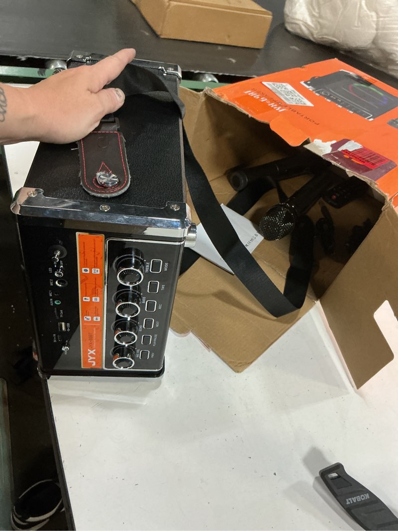 Condition photo showing As Is for jyx karaoke machine with 2 wireless microphones, portable bass/treble bluetooth speaker with led light, support tws, aux in, fm, rec pa system with remote control, supply for party/adults/kids
