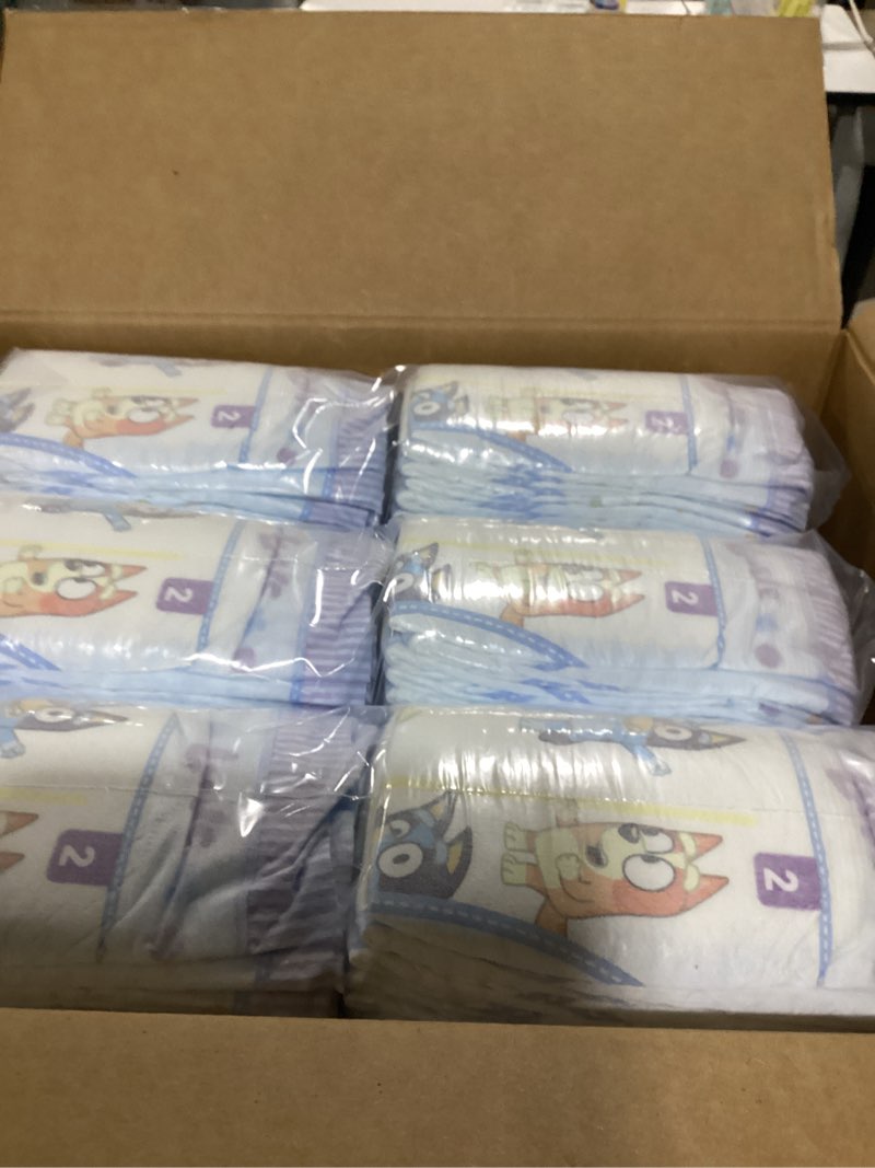 Condition photo showing As Is for luvs size 2 baby diapers, platinum protection bluey diapers for day & night, size 2, 264 count (packaging may vary) size 2 264