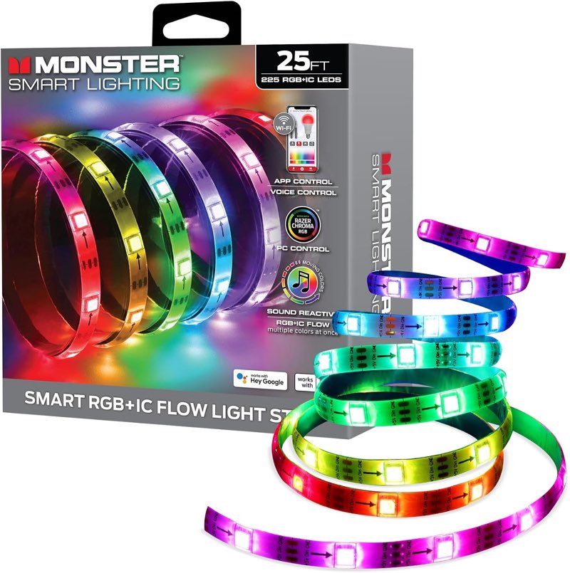 monster smart rgb+ic led strip lights 25ft – sound reactive strip lights for bedroom, app & voice control, rgb light strip for room, alexa google home, razer chroma sync - 230 rgb+ic led lights