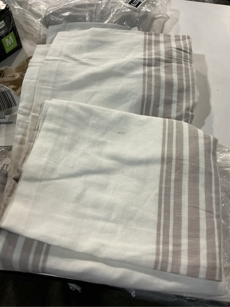Condition photo showing Good Condition for coastal stripe linen cotton room darkening curtain 48”x84” ivory/sage green