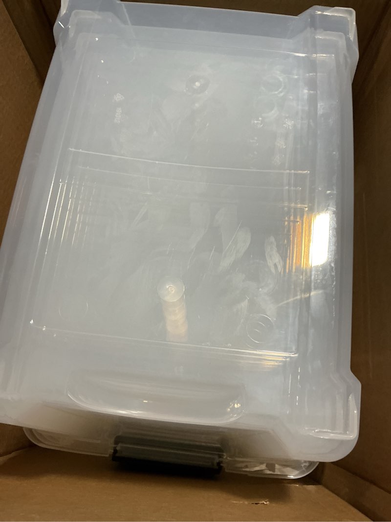 Condition photo showing As Is for IRIS USA 32 Qt Stackable Plastic Storage Bins with Lids, 6 Pack - BPA-Free, Made in USA - Discreet Organizing Solution, Latches, Durable Nestable Containers, Secure Pull Handle - Pearl Pearl 32 Qt 6 Pack