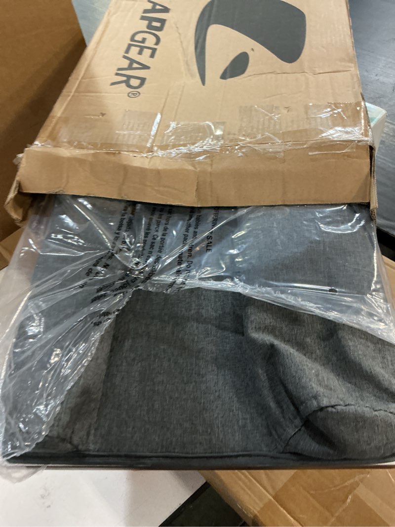 Condition photo showing New/Like New for lapgear home office pro lap desk with wrist rest, mouse pad, and phone holder - espresso woodgrain - fits up to 15.6 inch laptops - style no. 91612 espresso woodgrain home office pro w/wrist rest