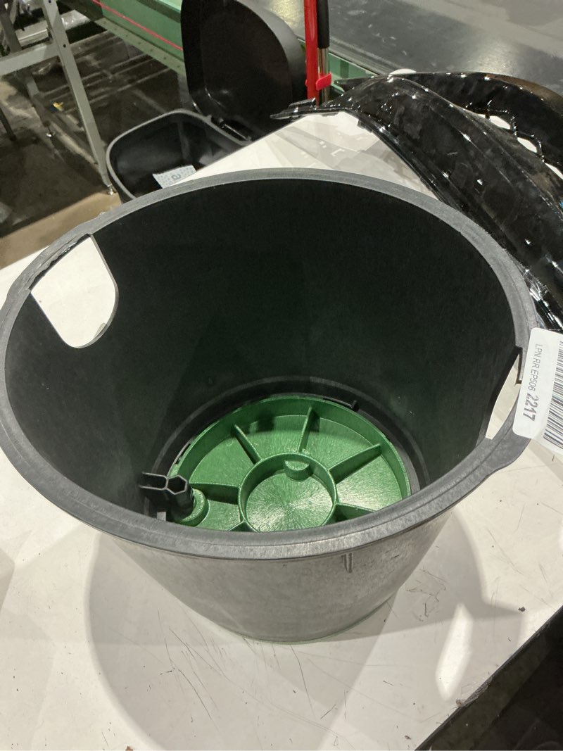 Condition photo showing As Is for nds 111bc 10 in. round standard series valve box and cover, 10 in. height, irrigation control valve lettering, black box, green overlapping cover, black/green
