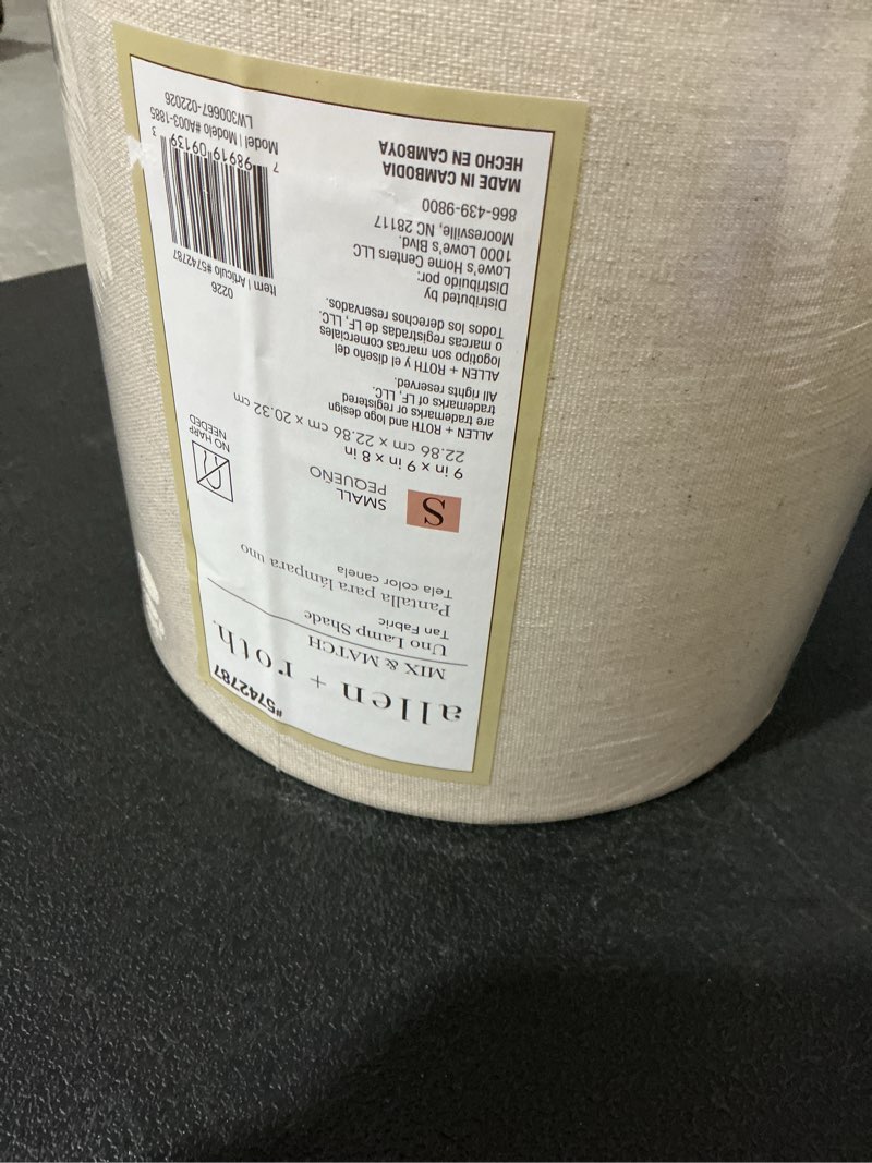Condition photo showing As Is for allen + roth 8-in x 9-in tan fabric drum lamp shade