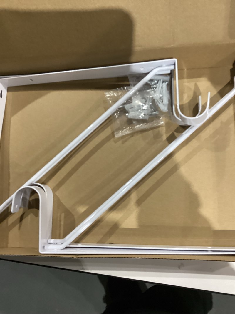 Condition photo showing Good Condition for 4 Pack Closet Rod Bracket, Heavy Duty Closet Rod Support with Rod Holder, Wall Mounted Closet Shelf Brackets with Triangle Stabilizing Design for Closet, Bathroom and Kitchen, White 4 Pack White