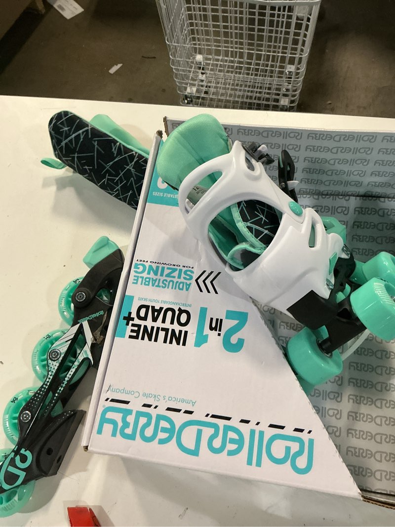 Condition photo showing Good Condition for roller derby mint prodigy kids' adjustable inline-quad combo skates - white/mint green s (12-2)