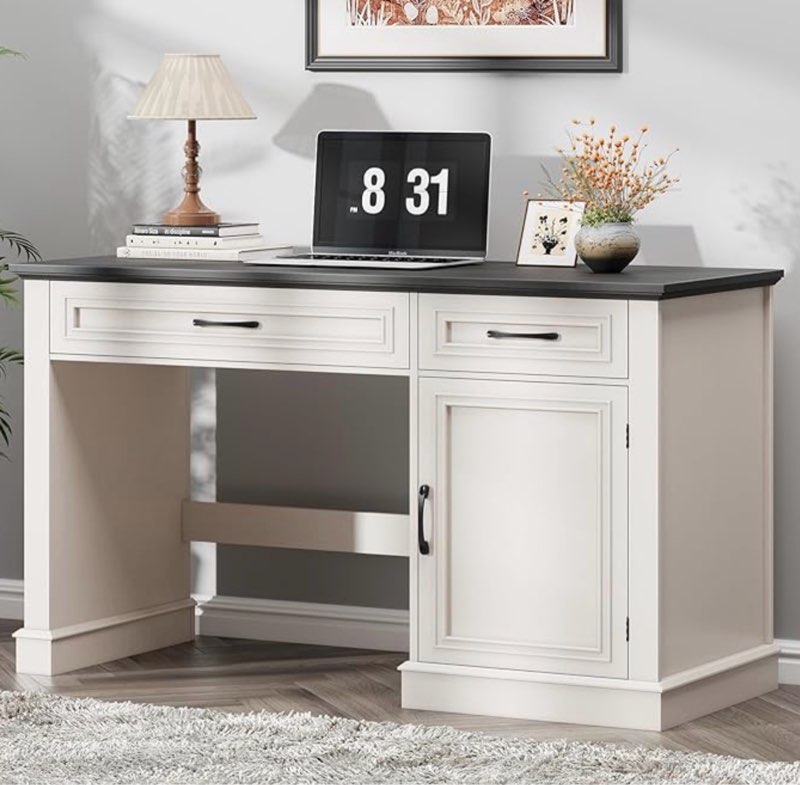 Farmhouse 47" Executive Desk, Computer Desk with Drawers and Storage Cabinet, Workstation Computer Desk with Charging Station for Home Office Study.Black.