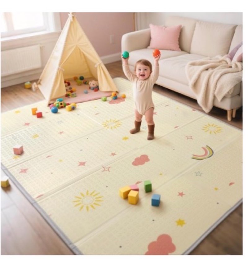 mallify extra large foldable play mat, reversible baby play mat with edge reinforcement, non-toxic & waterproof baby mat for floor, foam playmat with travel bag, rainbow, cloud & moon, 79"x71"