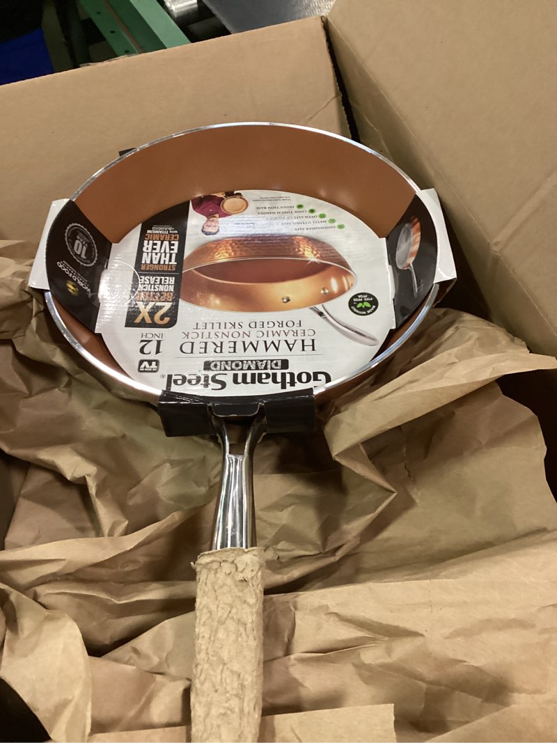Condition photo showing Good Condition for GOTHAM STEEL Hammered Copper 12 Inch Non Stick Frying Pans with Lid, Frying Pans Nonstick with Lid, Non Toxic Ceramic Pan for Cooking, Nonstick Frying Pan, Induction Pan, Oven and Dishwasher Safe 12" Frying Pan w/Lid
