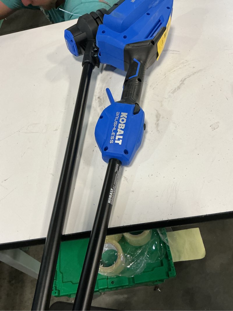 Condition photo showing As Is for kobalt quiet tech 24-volt 15-in straight shaft battery string trimmer 4 ah 