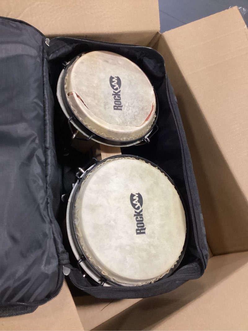Condition photo showing As Is for RockJam 7" and 8" Bongo Drum Set with Padded Bag and Tuning Key Red & Natural