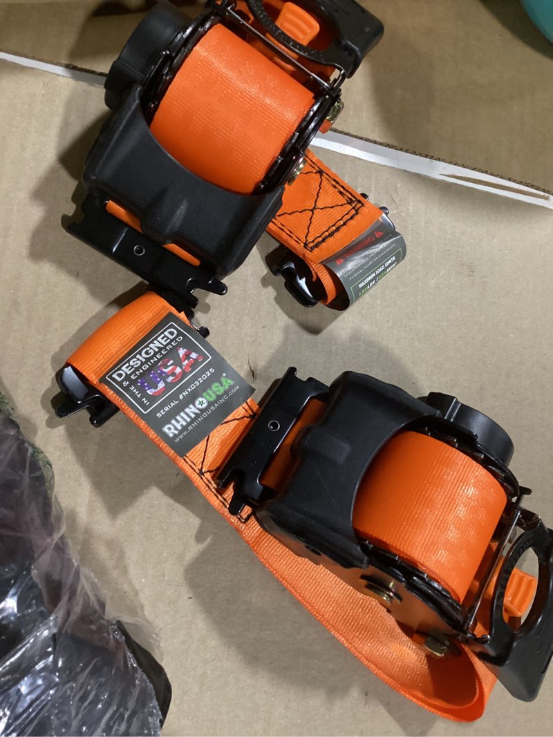 Condition photo showing Good Condition for Rhino USA E Track Retractable Ratchet Tie Down Straps - 3033lb BreakStrength - Only for E Track Rail Systems. 4 Premium 2"x10' eTrack Tie Downs-Heavy Duty eTrack Cargo Strap System for Trailer-Orange Orange 4 Pack