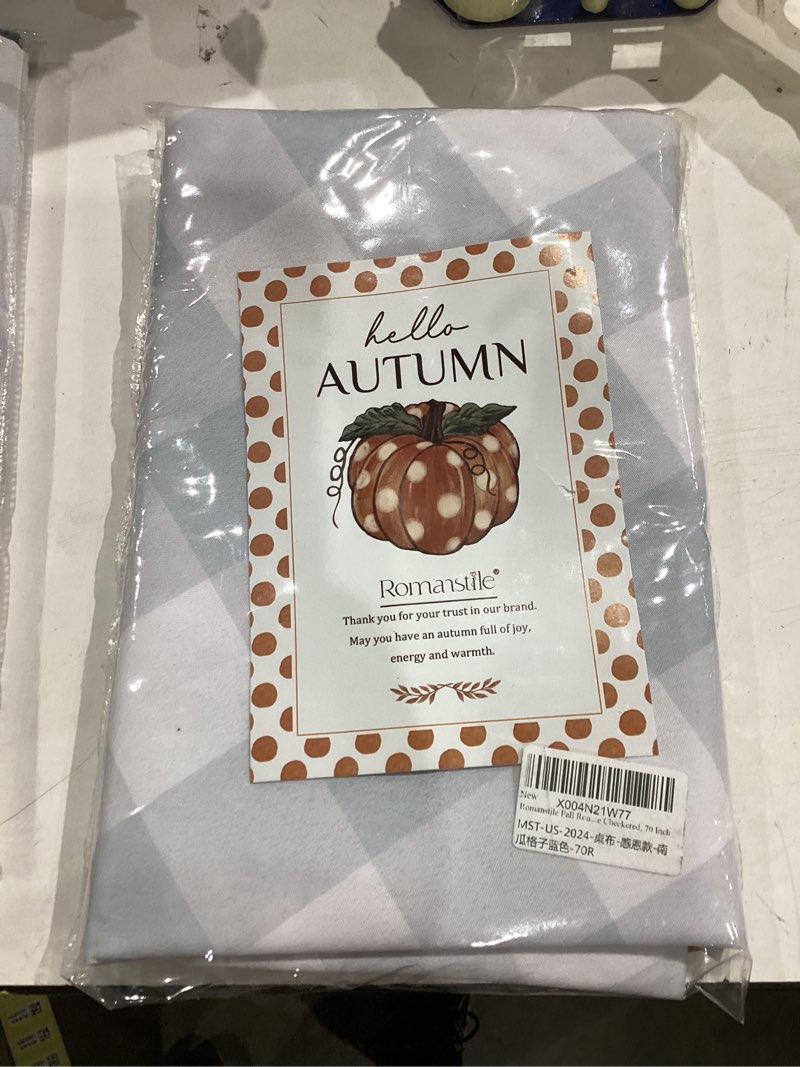 Condition photo showing New/Like New for Romanstile Fall Round Tablecloth, Thanksgiving Autumn Harvest Pumpkin Buffalo Plaid Table Cloth, Stain Resistant Washable Table Cover for Party/Dining/Holiday- Grey Blue Checkered, 70 Inch Pumpkingreyblue 70" (Round)