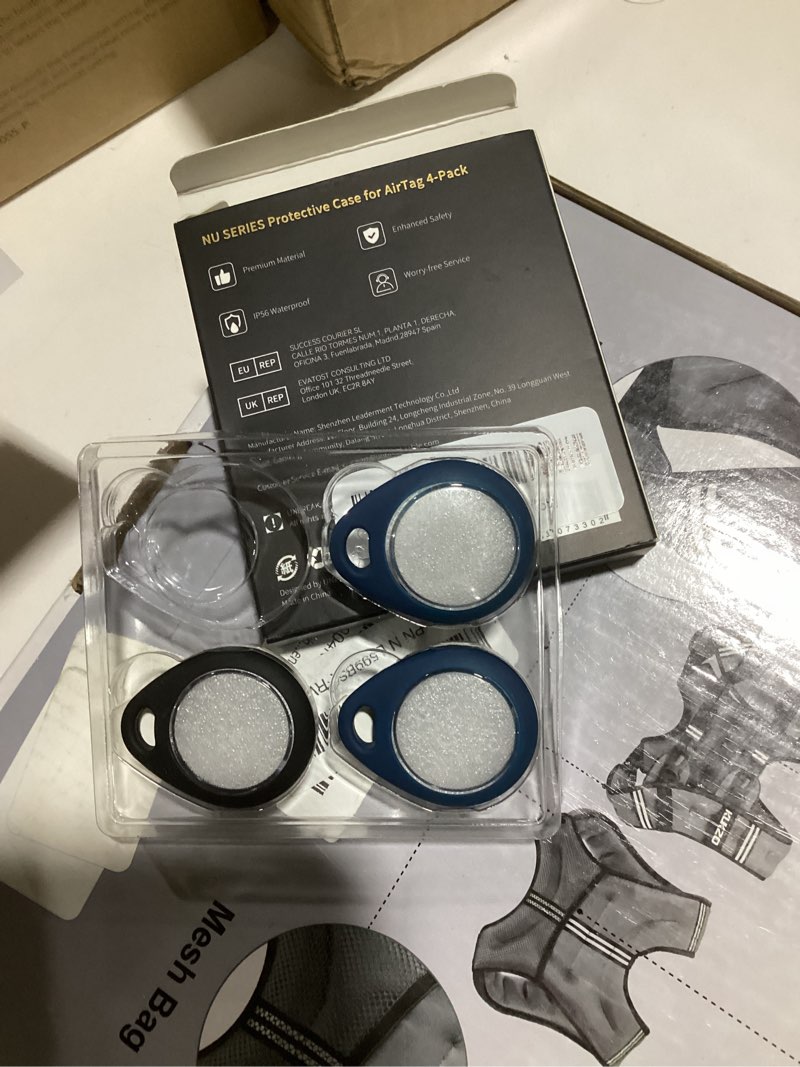 Condition photo showing Good Condition for UNBREAKcable AirTag Holder for Apple - 3 Pack Air Tag Case [Fit Tightly Design] [Easy to Install] [Hold Securely] Waterproof TPU Protective Cover with Metal Keychain for Kids,Pet,Luggage,Backpack,Keys Black & Blue