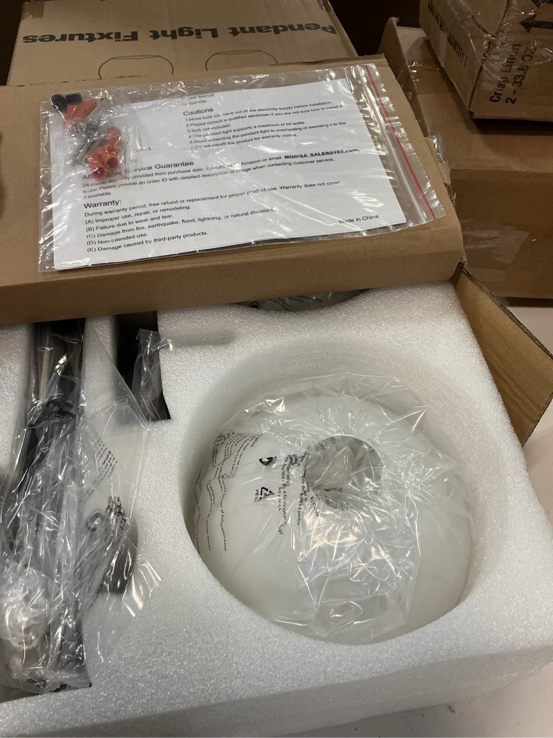 Condition photo showing New/Like New for 2 Pack 7.2-Inch Globe Pendant Lights, Mid Century Matte Black Pendant Light Fixtures, Globe Pendant Lights Kitchen Island with Milk Glass Shade Hanging Fixture for Dining Room Bulbs not Included ?2 Pack?Matte Black + Milky White Glass 7.2-Inch, 2 Pack