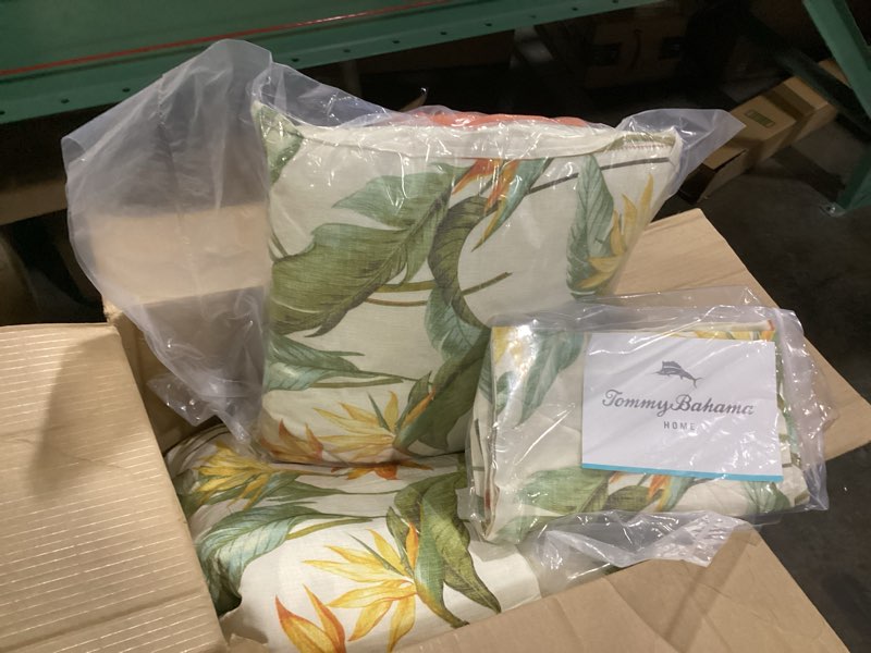 Condition photo showing As Is for Tommy Bahama - Queen Comforter Set, Reversible Cotton Bedding with Matching Shams & Bonus Throw Pillows, Super Soft Bedding Set (Birds of Paradise Off-White, Queen) Queen 5pc Comforter Set