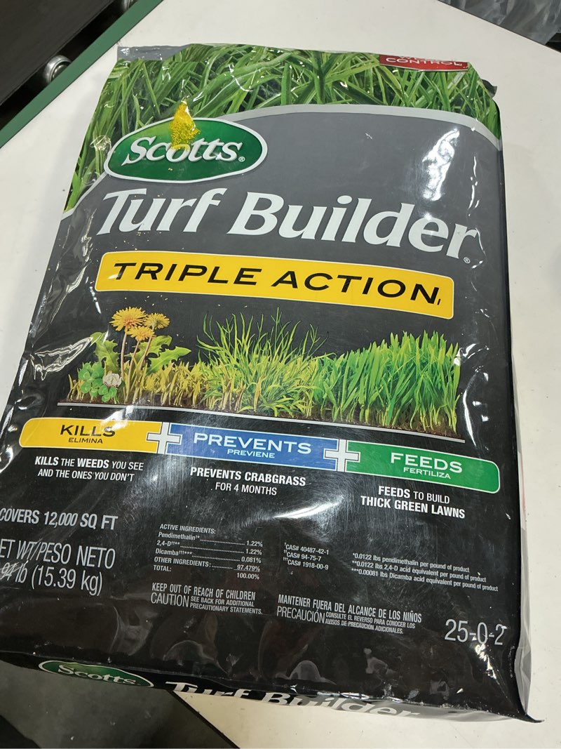 Condition photo showing New/Like New for scotts turf builder triple action1 - weed control, lawn weed killer, crabgrass preventer, and grass fertilizer for lawns, covers 12,000 sq. ft., 33.94 lb.