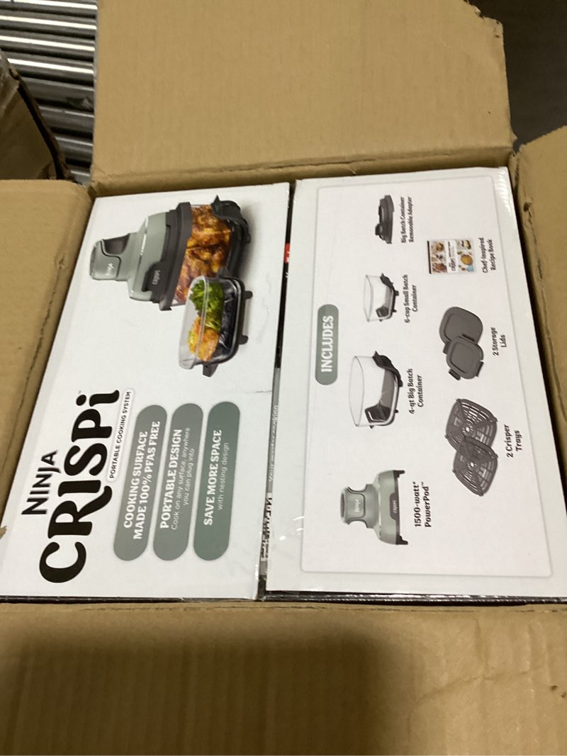 Condition photo showing As Is for ninja crispi 4-in-1 glass air fryer | 450°f | non-toxic | 4qt & 6-cup glass containers w/lids | microwave, freezer, dishwasher safe | max crisp, air fry, bake, recrisp | stone | fn101st stone 4 qt
