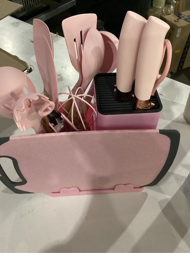 Condition photo showing As Is for 19-piece kitchen utensil & knife block set: 12 non-stick, heat-resistant silicone cooking utensils (spatula, tongs, ladle, scissors) + 5 sharp kitchen knives & cutting board (pink)